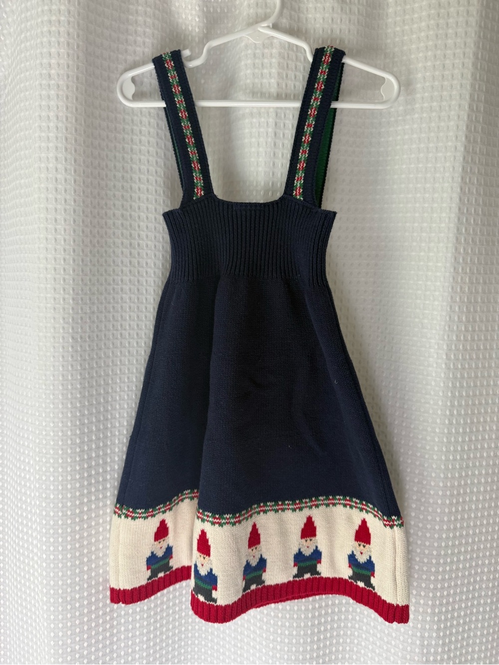 Hanna Andersson Navy Knit Pinafore Dress with Red & Cream Gnome Trim